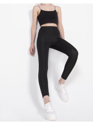 Kadın Siyah Disko Yüksek Bel Toparlayıcı Günlük Spor Şık Rahat Push Up Slim Fit Parlak Disco Tayt