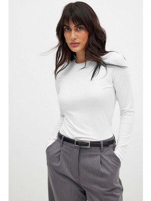 Kadın Beyaz Uzun Kollu Bisiklet Yaka T-Shirt Bluz Body Ribana