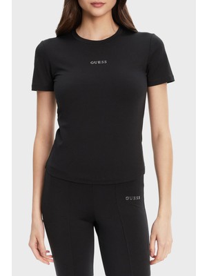 Guess Margot Logolu Slim Fit Bisiklet Yaka Crop T Shirt V5RI10KCD02 Bayan T Shirt V5RI10 KCD02 Jblk