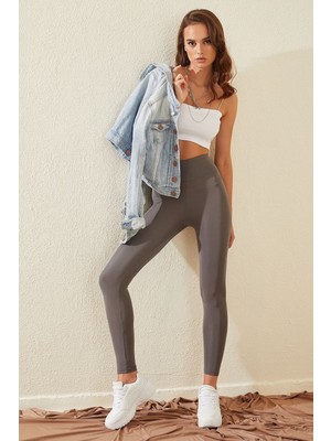 Gümüş Gri Yüksek Bel Disko Tayt Toparlayıcı Iç Göstermez