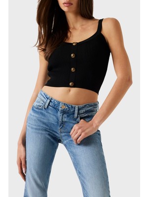 Guess Sl Emiie Fitilli Düğme Detaylı Regular Fit Yuvarlak Yaka Top W5YR10Z0130 Bayan Top W5YR10 Z0130 Jblk
