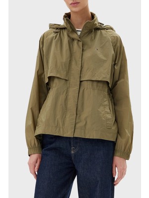 Tommy Hilfiger Logolu Su Itici Relaxed Fit Gizlenebilen Kapüşonlu Ceket Bayan Ceket WW0WW46444 Rfn