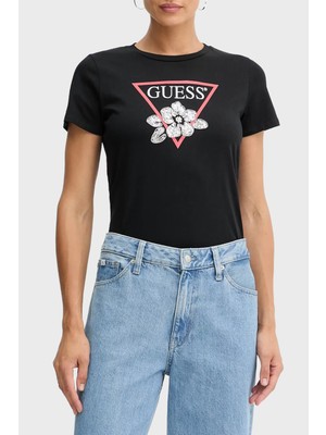 Guess Ss Flower Pamuklu Regular Fit Bisiklet Yaka Logolu T Shirt W5YI38I3Z14 Bayan T Shirt W5YI38 I3Z14 Jblk