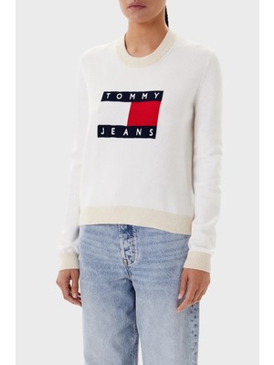 Tommy Jeans Logolu Regular Fit Bisiklet Yaka Kazak Bayan Kazak DW0DW20970 Ybl