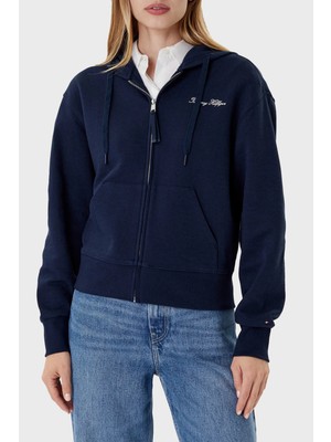 Tommy Hilfiger Logolu Pamuklu Regular Fit Kapüşonlu Crop Sweat Bayan Sweat WW0WW45742 C1G