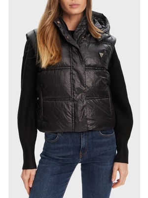 Guess Ernestine Regular Fit Çıkarılabilir Kapüşonlu Logolu Şişme Yelek W5YL11WHDO2 Bayan Yelek W5YL11 Whdo2 Jblk