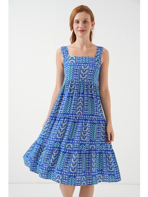 Kadın Desenli Askılı Midi Elbise 2577 - Saks