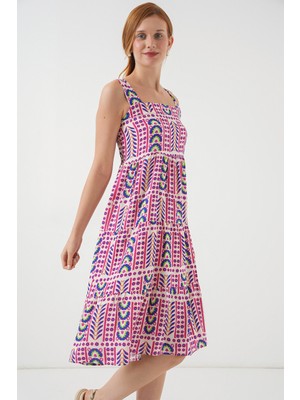 Kadın Desenli Askılı Midi Elbise 2577 - Fuşya