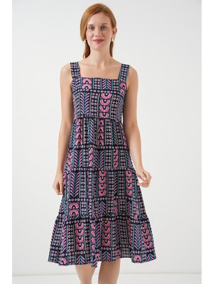 Kadın Desenli Askılı Midi Elbise 2577 - Lacivert