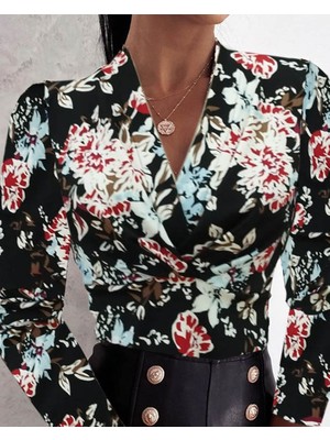 Asyahsap Kadın Uzun Kollu Kruvaze Yakalı Kelebek Desenli Şardonlu Dalgıç Bluz