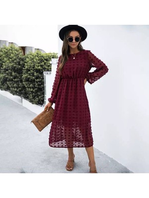 Asyahsap Kadın Uzun Kollu Astar Detay Fırsat Ürün Ponpon Şifon Elbise