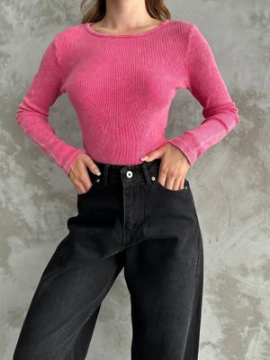 Asyahsap Kadın Uzun Kollu Bisiklet Yaka Asit Yıkamalı Kaşkorse Kumaş Bluz