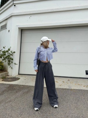 Asyahsap Bağcıklı Palazzo Bol Paça Pantolon - Gri