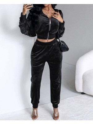 Asyahsap Kadın Uzun Kollu Önden Fermuarlı Krop Kadife Ceket ve Pantolon Ikili Takım