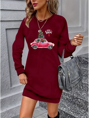 Asyahsap Kadın Uzun Kollu Bisiklet Yaka Desenli Viskon Iki Iplik Elbise