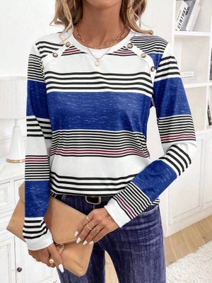 Asyahsap Kadın Uzun Kollu Bisiklet Yaka Düğme Detaylı Desenli Süprem Bluz