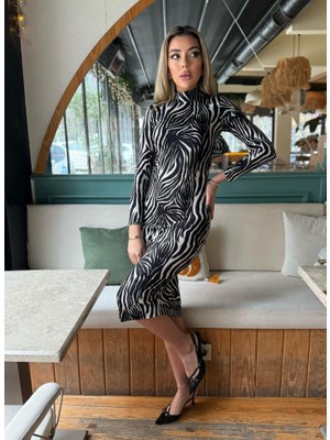 Asyahsap Kadın Zebra Desen Süet Kumaş Fırsat Ürün Midi Boy Elbise