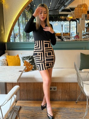 Asyahsap Kadın Uzun Kollu Kruvaze Yaka Labirent Desen Dalgıç Elbise