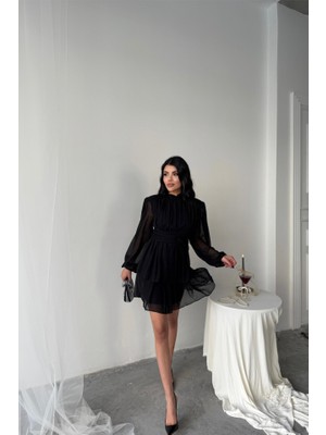 Asyahsap Şifon Katlı Uzun Kol Elbise - Siyah