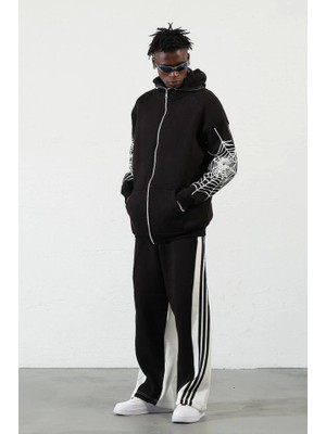 Asyahsap Üç Iplik Baskılı Fermuarlı Kapşonlu Hırka - Siyah