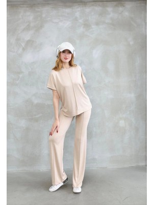 Asyahsap Osy Modal Yumuşak Dokulu Kumaş Bisiklet Yaka Kısa Kollu Takım - Bej
