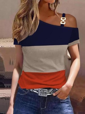 Asyahsap Kadın Kısa Kollu Tek Omuzu Açık Toka Detaylı Çok Renkli Viskon Bluz