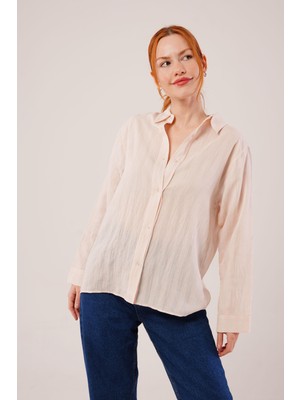 Asyahsap Düğmeli ve Çizgi Detaylı Krem Gömlek