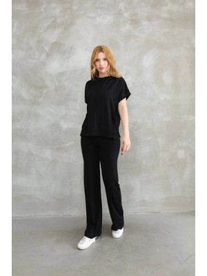 Asyahsap Osy Modal Yumuşak Dokulu Kumaş Bisiklet Yaka Kısa Kollu Takım - Siyah
