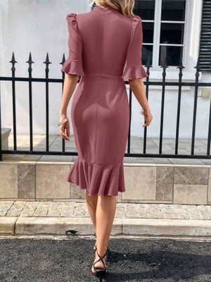 Asyahsap Kadın Kısa Kollu Yarı Balıkçı Yakalı Etek Ucu Fırfırlı Midi Ithal Krep Elbise