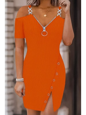 Asyahsap Kadın Askılı Önü Fermuarlı Asimetrik Kesim Detaylı Kalın Fitilli Kaşkorse Elbise