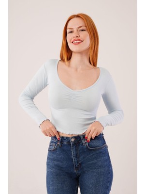 Asyahsap Geniş Yaka Bebe Mavisi Basic Body Bluz