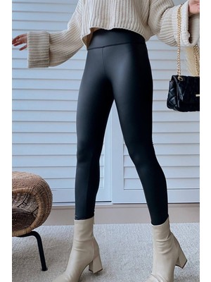 Kadın Siyah Yüksek Bel Mat Deri Tayt