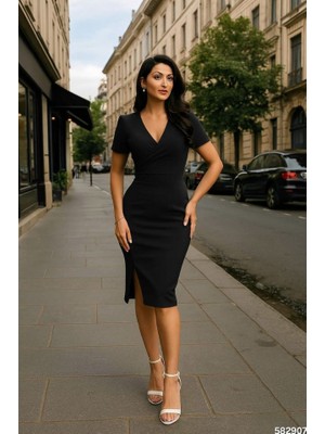 Asyahsap Kadın Dalgıç Krep Kumaş V Yaka Yırtmaç Detaylı Elbise