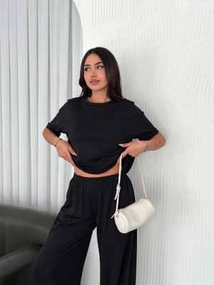 Asyahsap Osy Modal Yumuşak Dokulu Kumaş Bisiklet Yaka T-Shirt Bol Paça Pantalon Ikili Takım -Siyah