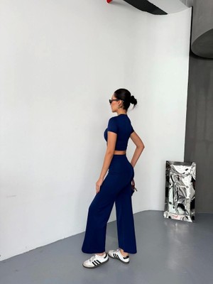 Asyahsap Osy Modal Yumuşak Dokulu Kumaş Kısa Kollu Crop Alt Ispanyol Paça Pantalon Ikili Takım - Lacivert