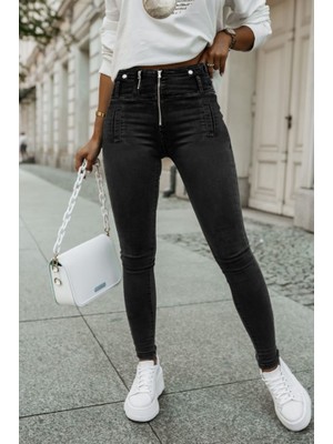 Asyahsap Kadın Fermuar Detay Yüksek Kemerli Kot Pantolon