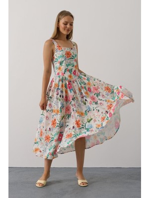 Asyahsap Çiçek Desenli Askılı Elbise - Pembe Çiçek