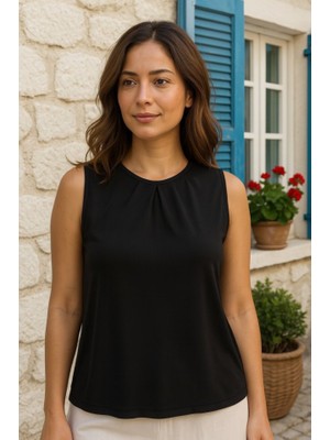 Asyahsap Kadın Askılı Yuvarlak Büzgü Yaka Sandy Bluz