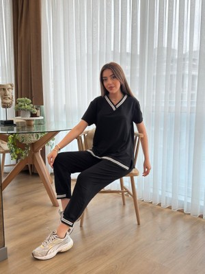 Asyahsap Kadın Kısa Kollu V Yakalı Iki Iplik Bluz ve Pantolon Ikili Takım
