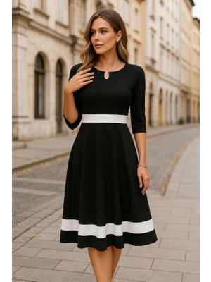 Asyahsap Kadın Truvakar Kol Yakası Açık Blok Renkli Krep Midi Elbise