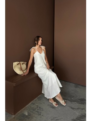 Asyahsap Askılı Uzun Salaş Müslin Elbise - Beyaz