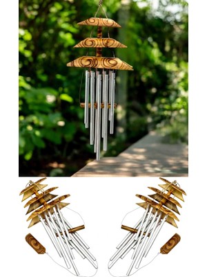 Wolawood Doğal Bambu Rüzgar Çanı Feng Shui Katlı Metal Borulu El Yapımı Otantik Uğur ve Enerji Çanı Dekoratif Ev Oda Balkon Kapı Süsü