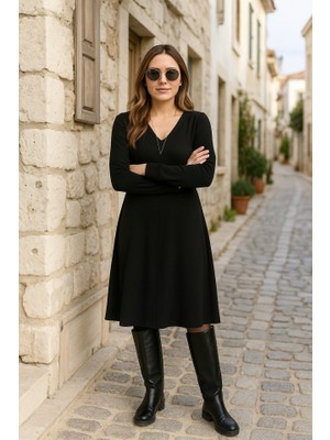 Asyahsap Kadın Uzun Kollu V Yakalı Salaş Midi Iki Iplik Elbise