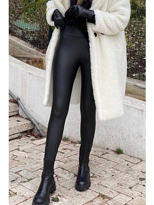 Siyah Mat Deri Içi Şardonlu Yüksek Bel Toparlayan Tayt