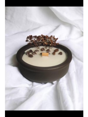Kahve Kokulu Aromaterapi Mum, Ahşap Fitilli, Dekoratif Doğal Çömlek Mum