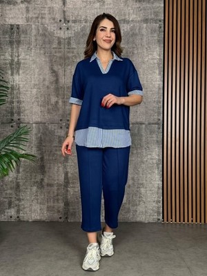 Asyahsap Kadın Modal Kumaş Çizgili Gömlek Yaka Ikili Takım