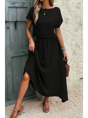 Asyahsap Kadın Kısa Kollu Bisiklet Yaka Bluz Etekli Ithal Keten Ikili Takım