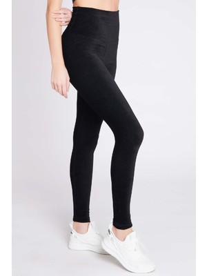 Kadın Kadife Fitilli Siyah Tayt