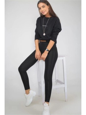 Kadın Siyah Yüksek Bel Parlak Disco Tayt