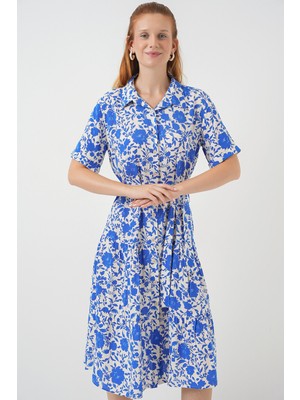 Kadın Kısa Kol Desenli Elbise 2560 - Saks